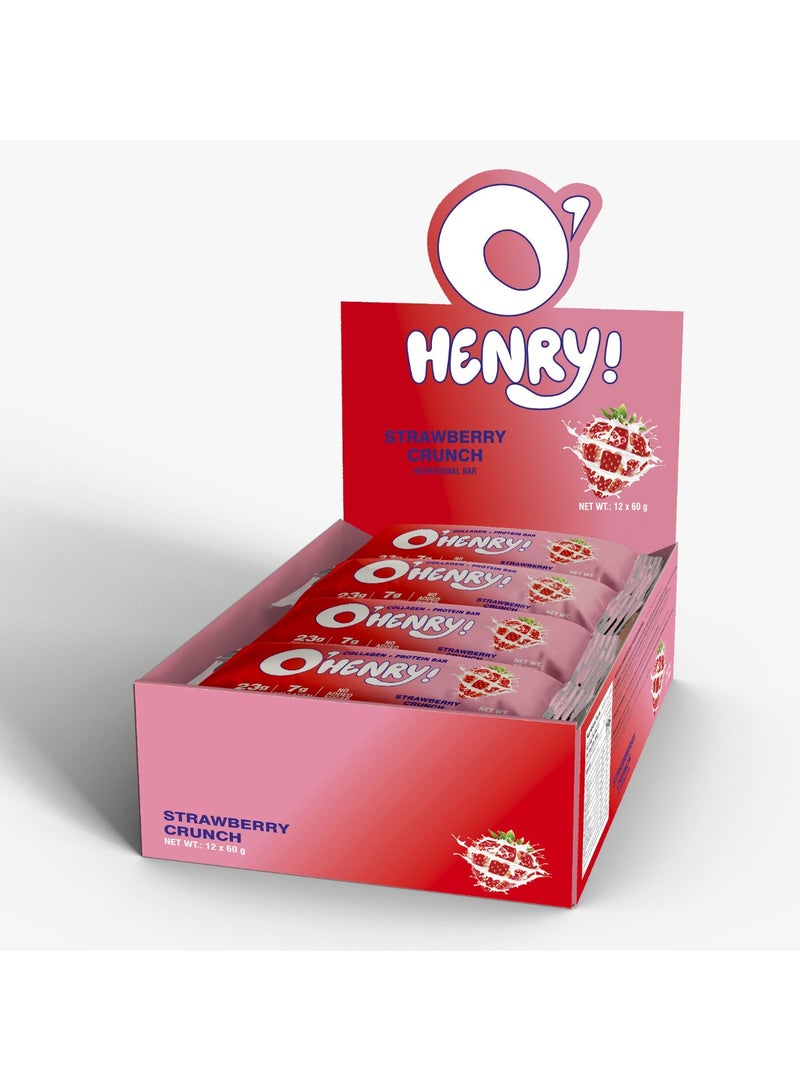 O'HENRY NUTRITION Collagen + Protein Bar - Strawberry Crunch, No Added Sugar, 23g Protein, Pack of 12 (60g Each) - Image 1