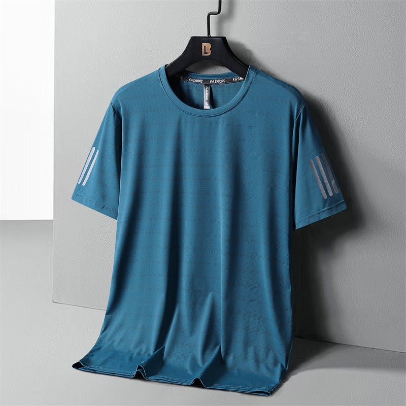 T-Shirt Men'S Summer Loose Plus Size Short Sleeve Ice Silk Three Bars Bottoming Shirt Round Neck Half Sleeve Thin Quick-Drying T-Shirt Fashion - Image 1