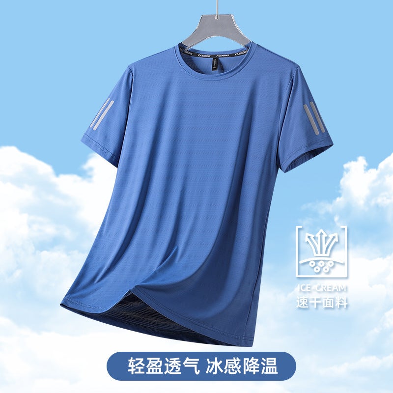 T-Shirt Men'S Summer Loose Plus Size Short Sleeve Ice Silk Three Bars Bottoming Shirt Round Neck Half Sleeve Thin Quick-Drying T-Shirt Fashion - Image 3