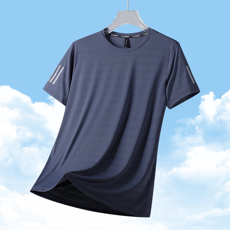 T-Shirt Men'S Summer Loose Plus Size Short Sleeve Ice Silk Three Bars Bottoming Shirt Round Neck Half Sleeve Thin Quick-Drying T-Shirt Fashion - Image 5