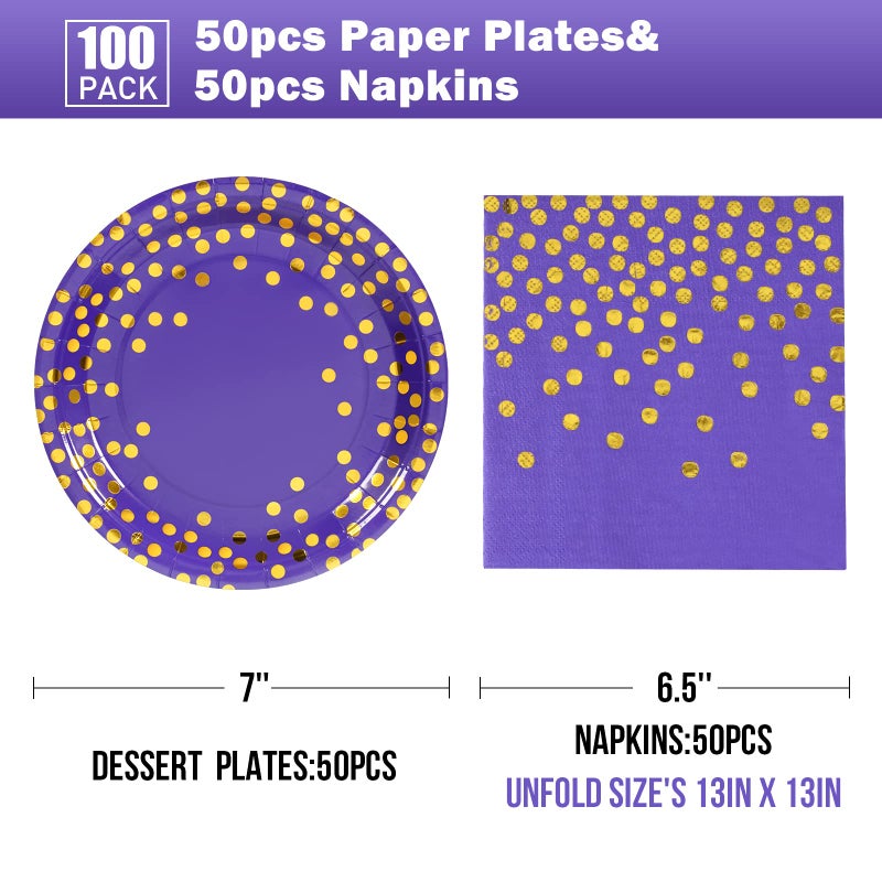 CENLBJ Purple and Gold Paper Plates- 100 Pack- 50 x 7 Paper Plates & 50 x 6.5 Napkins  Purple Plate and Napkins Party Supplies for Birthdays Receptions and All Occasions - Image 2