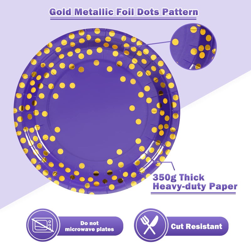 CENLBJ Purple and Gold Paper Plates- 100 Pack- 50 x 7 Paper Plates & 50 x 6.5 Napkins  Purple Plate and Napkins Party Supplies for Birthdays Receptions and All Occasions - Image 3