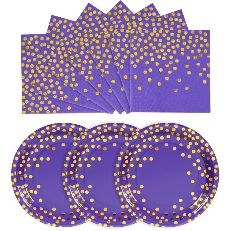 CENLBJ Purple and Gold Paper Plates- 100 Pack- 50 x 7 Paper Plates & 50 x 6.5 Napkins  Purple Plate and Napkins Party Supplies for Birthdays Receptions and All Occasions - Image 1