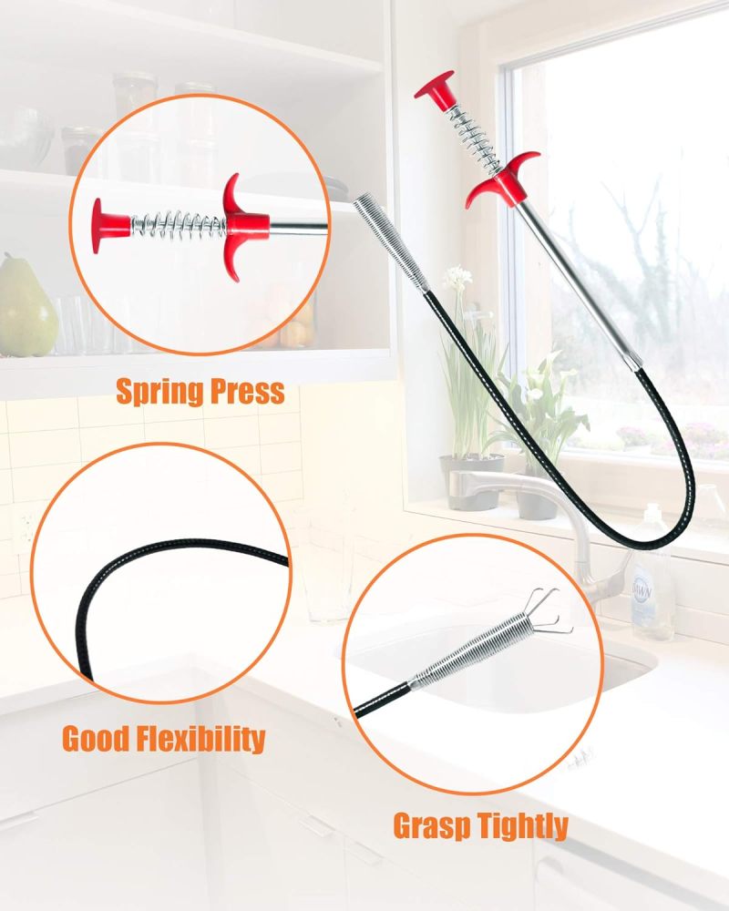 24-Inch Drain Clog Remover 6-Piece Set - Flexible Hair Clog Remover Tool with Barbed Design for Kitchen Bathroom Sink Tub Shower Drains - Upgraded Stainless Steel Wand with Retractable Claws for Solid - Image 3