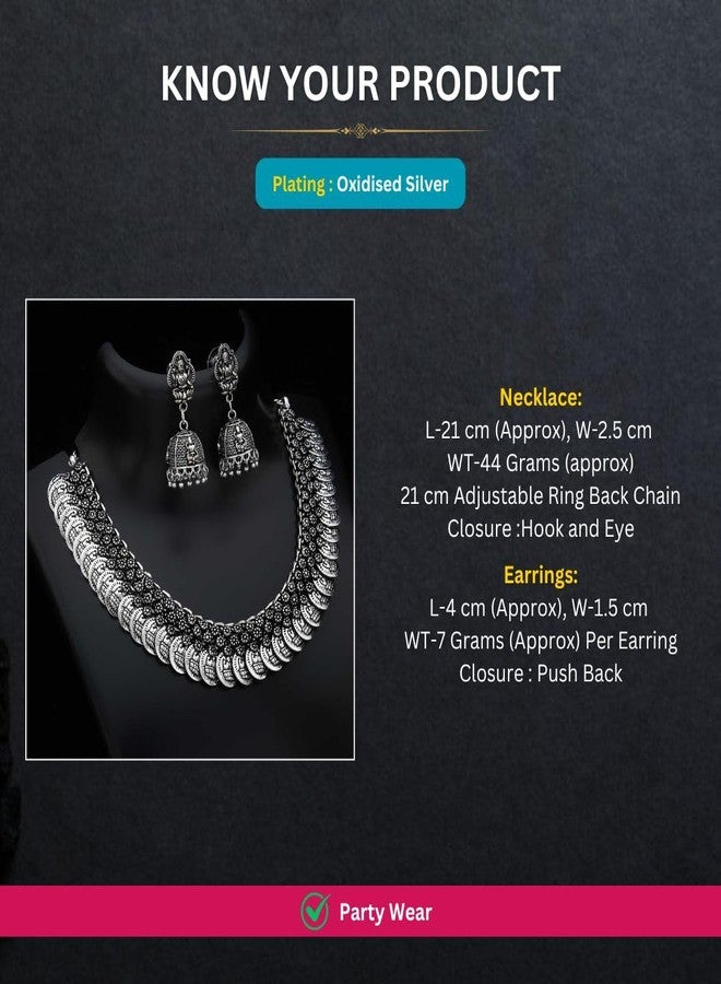 Sasitrends Oxidized German Silver Lakshmi Coin Necklace with Lakshmi Earrings for Women and Girls - Image 2