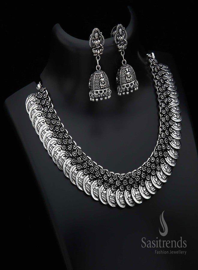 Sasitrends Oxidized German Silver Lakshmi Coin Necklace with Lakshmi Earrings for Women and Girls - Image 3