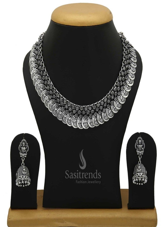 Sasitrends Oxidized German Silver Lakshmi Coin Necklace with Lakshmi Earrings for Women and Girls - Image 4
