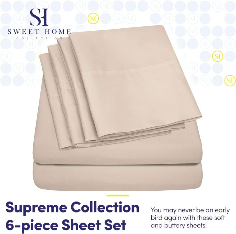 Full Size Bed s - 6 Piece 1500 Thread Count Fine Brushed Microfiber Deep Pocket Full Set Bedding - 2 Extra Pillow Cases, Great Value, Full, Beige - Image 2