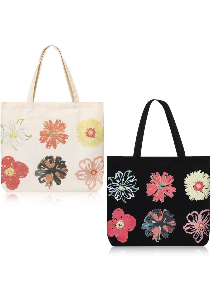 Zikra Women Floral Canvas Shopping Bags Eco Reusable Foldable Shoulder Bags Large Capacity Handbags Casual Bag Washable Design With Long Handles For Maximum Convenience(2 Pieces) - Image 1