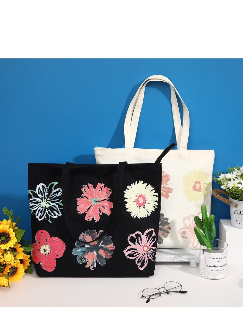 Zikra Women Floral Canvas Shopping Bags Eco Reusable Foldable Shoulder Bags Large Capacity Handbags Casual Bag Washable Design With Long Handles For Maximum Convenience(2 Pieces) - Image 3