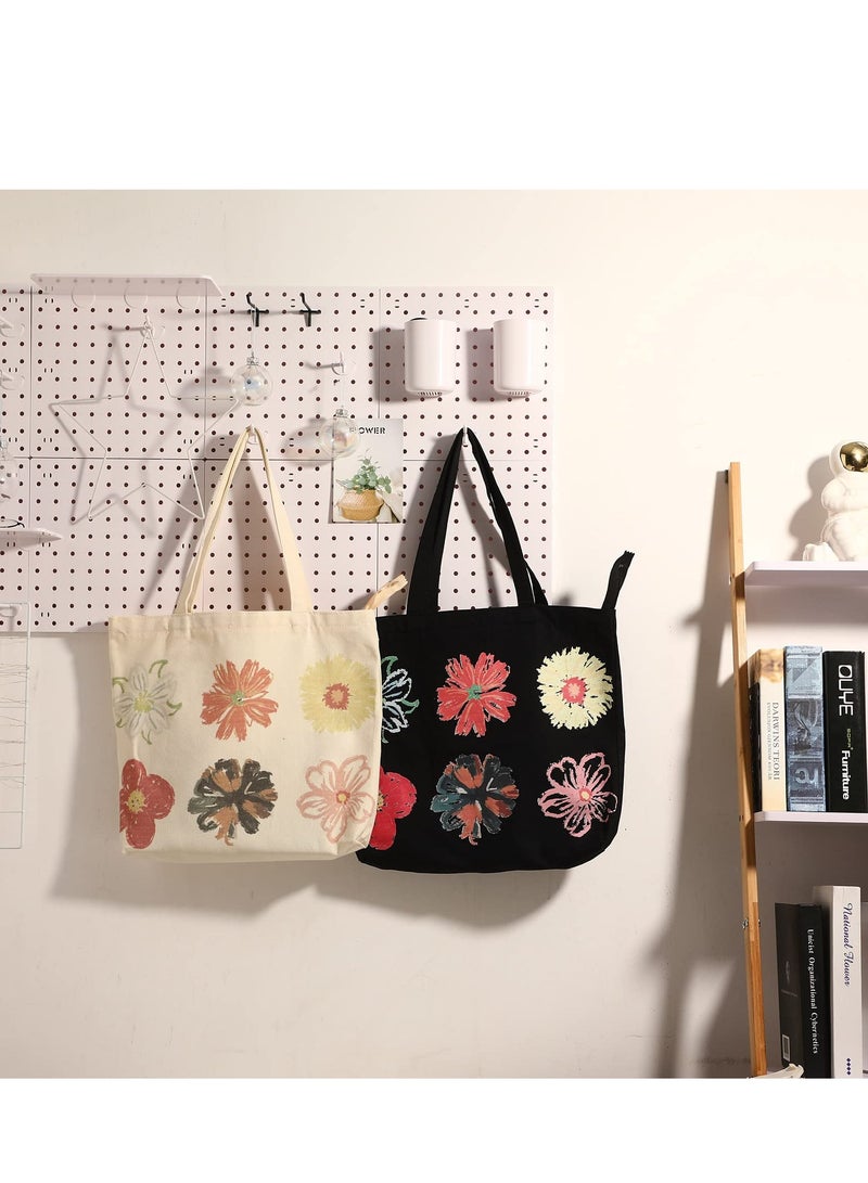Zikra Women Floral Canvas Shopping Bags Eco Reusable Foldable Shoulder Bags Large Capacity Handbags Casual Bag Washable Design With Long Handles For Maximum Convenience(2 Pieces) - Image 5