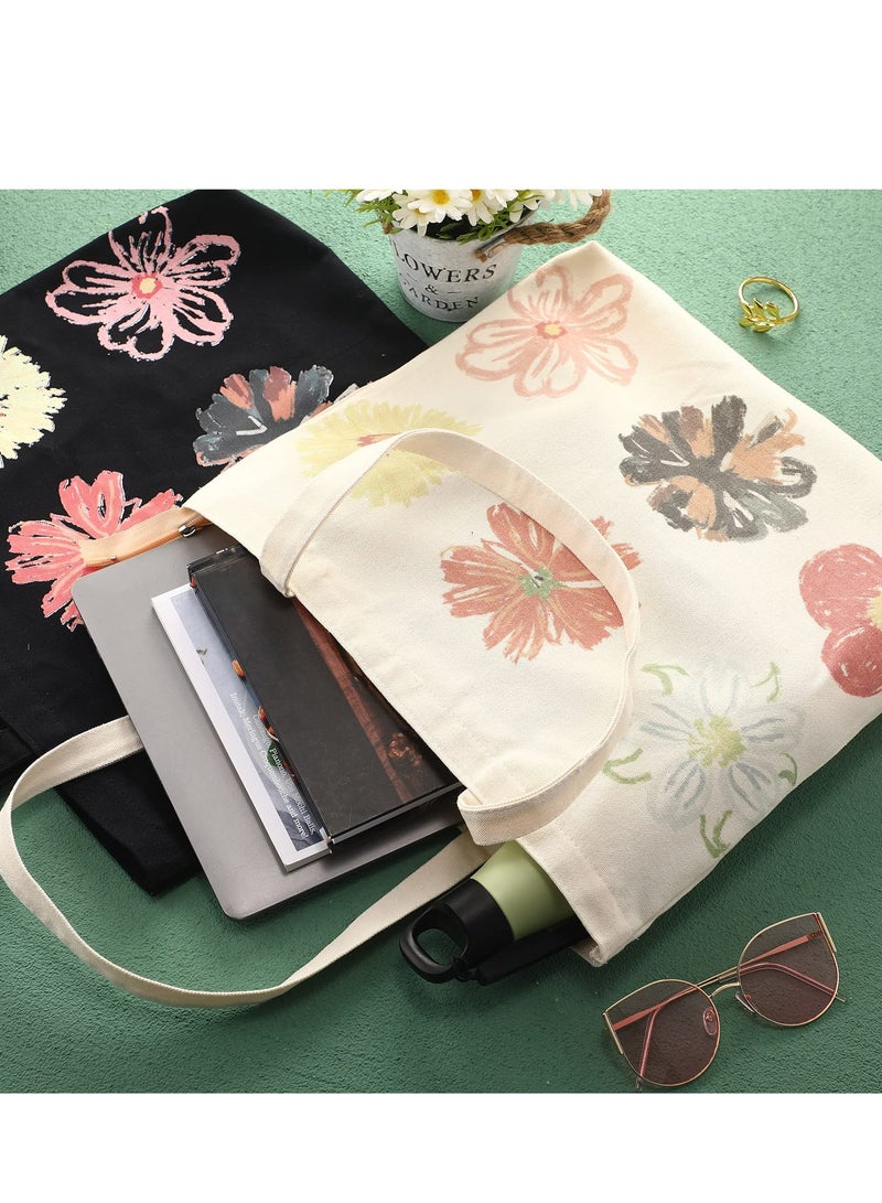 Zikra Women Floral Canvas Shopping Bags Eco Reusable Foldable Shoulder Bags Large Capacity Handbags Casual Bag Washable Design With Long Handles For Maximum Convenience(2 Pieces) - Image 2