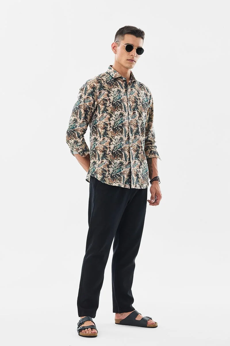 سنيتش Beige Floral Long Sleeve Slim Fit Shirt