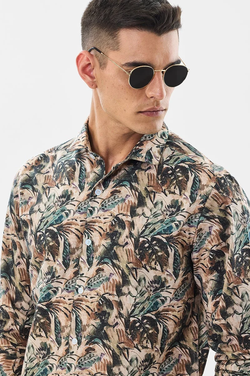 سنيتش Beige Floral Long Sleeve Slim Fit Shirt