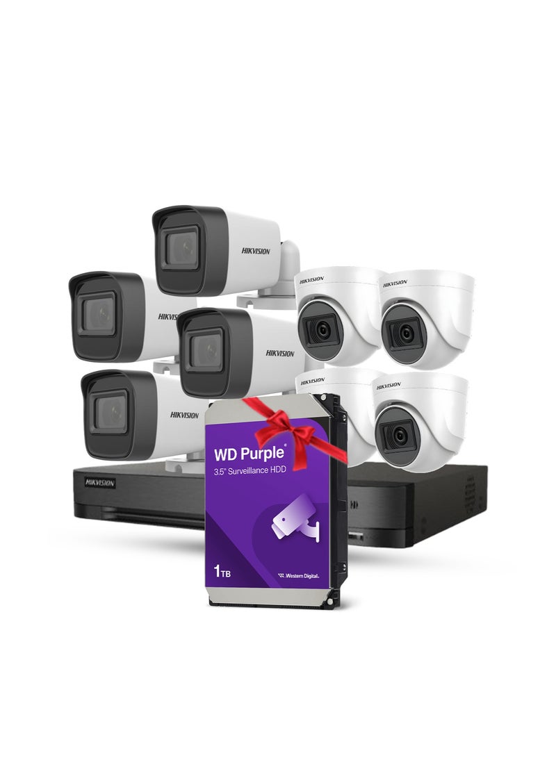 HIKVISION 2Mp Indoor Fixed 4 Camera + Mini Bullet 2Mp Outdoor Fixed 4 Camera + Hikvision 8-Channel Dvr (Digital Video Recorder) From The Turbo Hd Series. + Wd Hard Drive Specially Designed For Security Video Recording Systems.1Tb (Purple) + Power Adapter 12V 5Amp + Rg59 Cable Coaxial Cable Designed For Use In Video Surveillance (Cctv) Systems. - Image 1