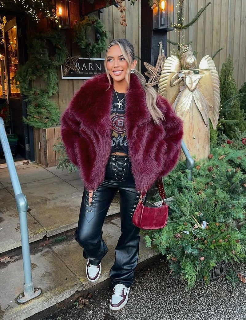 Flygo Women's Faux Fur Coat Fluffy Faux Fur Jacket Long Sleeve Lapel Furry Winter Jackets Shaggy Parka Short Coat(WineRed-XL) - Image 3