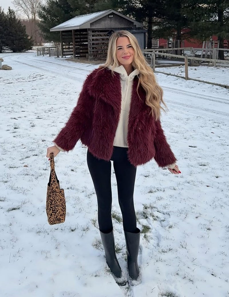 Flygo Women's Faux Fur Coat Fluffy Faux Fur Jacket Long Sleeve Lapel Furry Winter Jackets Shaggy Parka Short Coat(WineRed-XL) - Image 2