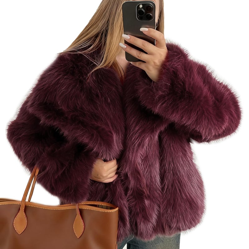 Flygo Women's Faux Fur Coat Fluffy Faux Fur Jacket Long Sleeve Lapel Furry Winter Jackets Shaggy Parka Short Coat(WineRed-XL) - Image 1