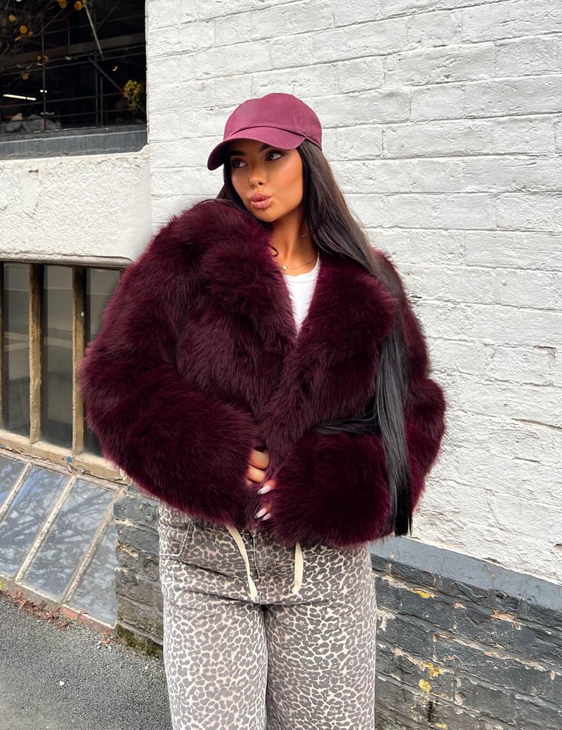 Flygo Women's Faux Fur Coat Fluffy Faux Fur Jacket Long Sleeve Lapel Furry Winter Jackets Shaggy Parka Short Coat(WineRed-XL) - Image 5