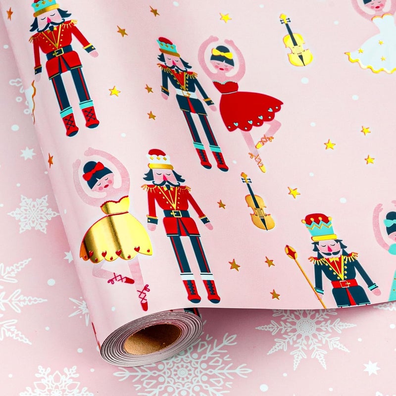 MAYPLUSS Pink Christmas Wrapping Paper Roll - 17IN X 33FT - Christmas Nutcracker Gift Wrapping Paper Featuring Ballet Guitar Gold Star Reversible Snowflake for Kids, Holiday, New Year - Image 1