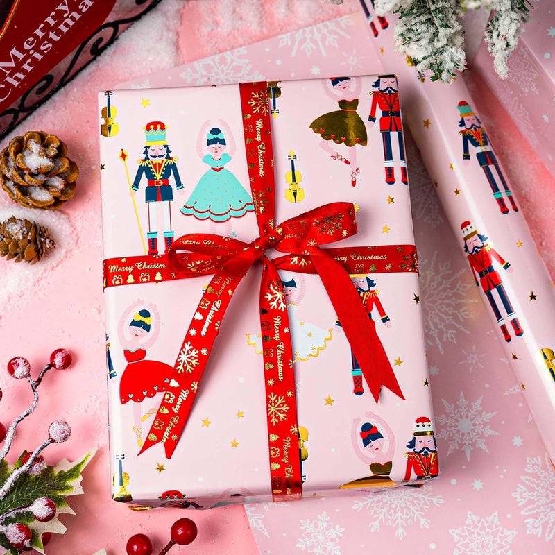 MAYPLUSS Pink Christmas Wrapping Paper Roll - 17IN X 33FT - Christmas Nutcracker Gift Wrapping Paper Featuring Ballet Guitar Gold Star Reversible Snowflake for Kids, Holiday, New Year - Image 5