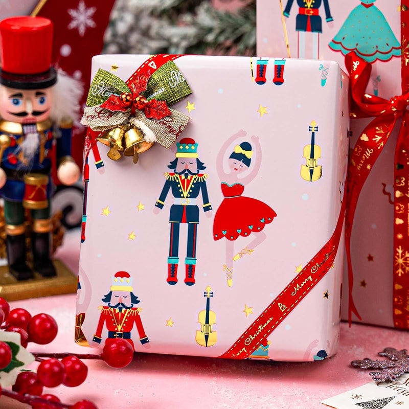 MAYPLUSS Pink Christmas Wrapping Paper Roll - 17IN X 33FT - Christmas Nutcracker Gift Wrapping Paper Featuring Ballet Guitar Gold Star Reversible Snowflake for Kids, Holiday, New Year - Image 3