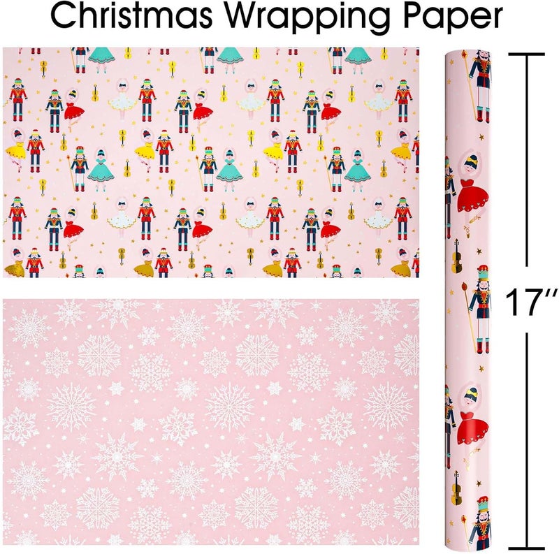 MAYPLUSS Pink Christmas Wrapping Paper Roll - 17IN X 33FT - Christmas Nutcracker Gift Wrapping Paper Featuring Ballet Guitar Gold Star Reversible Snowflake for Kids, Holiday, New Year - Image 4