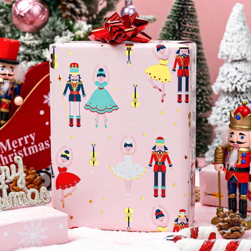 MAYPLUSS Pink Christmas Wrapping Paper Roll - 17IN X 33FT - Christmas Nutcracker Gift Wrapping Paper Featuring Ballet Guitar Gold Star Reversible Snowflake for Kids, Holiday, New Year - Image 2