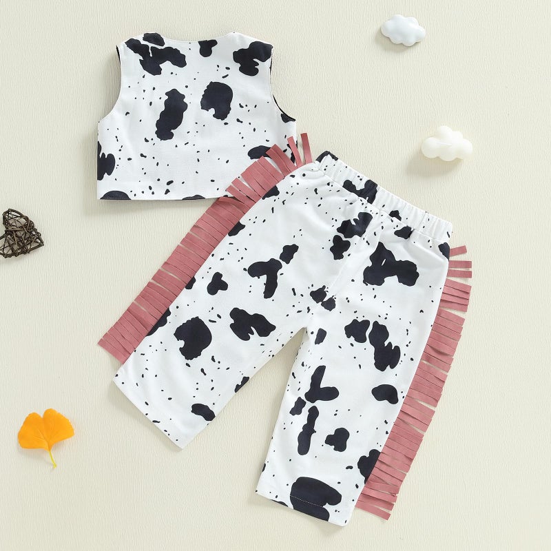 Rourufy Toddler Baby Girl Western Outfit Kids Cowgirl Cow Print Top Vest Tassel Pants 2pcs Set Girls Spring Fall Clothes (A Cow Print Pink, 12-18 Months) - Image 4