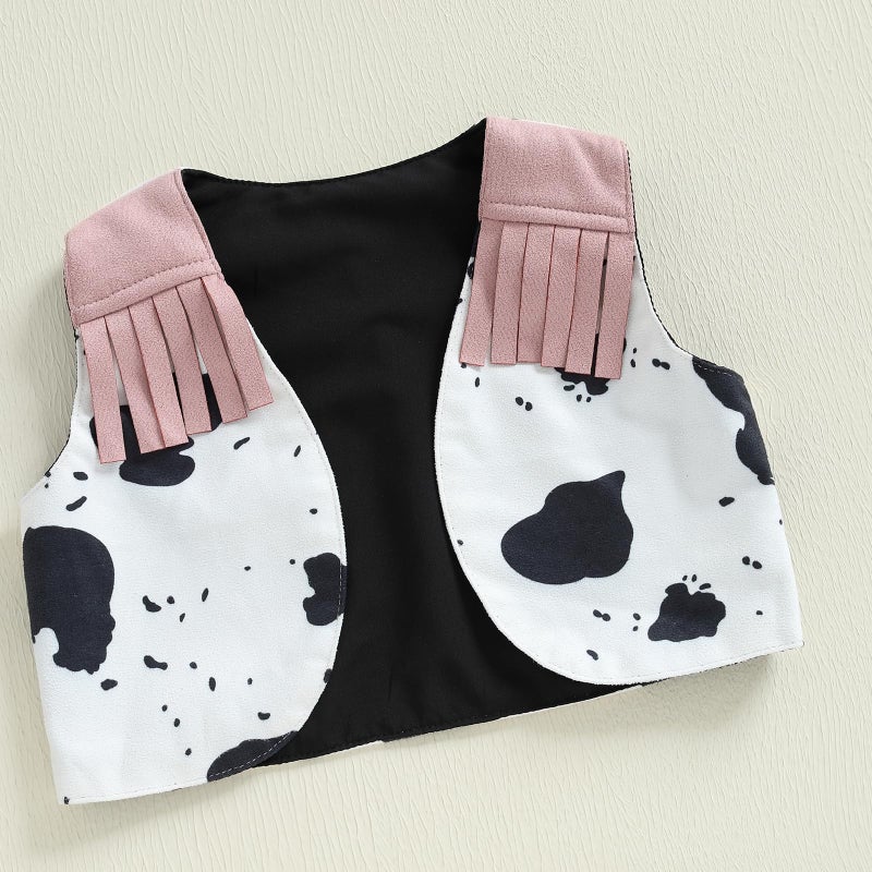 Rourufy Toddler Baby Girl Western Outfit Kids Cowgirl Cow Print Top Vest Tassel Pants 2pcs Set Girls Spring Fall Clothes (A Cow Print Pink, 12-18 Months) - Image 5