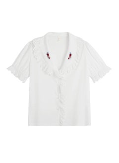 Summer Chubby Girl Plus Size Women's Clothing French Retro V-neck Embroidered Ruffled Short Sleeve Doll Collar Heavy Work Shirt 62508