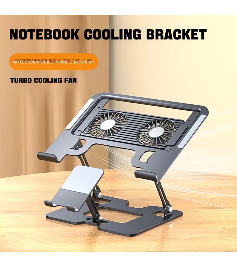 Black 2in1 Cooling Laptop Phone Stand Foldable Lift Desktop Riser - Image 1