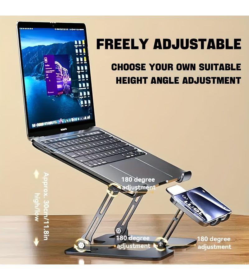 Black 2in1 Cooling Laptop Phone Stand Foldable Lift Desktop Riser - Image 5
