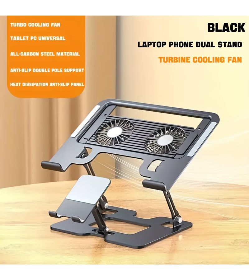 Black 2in1 Cooling Laptop Phone Stand Foldable Lift Desktop Riser - Image 2
