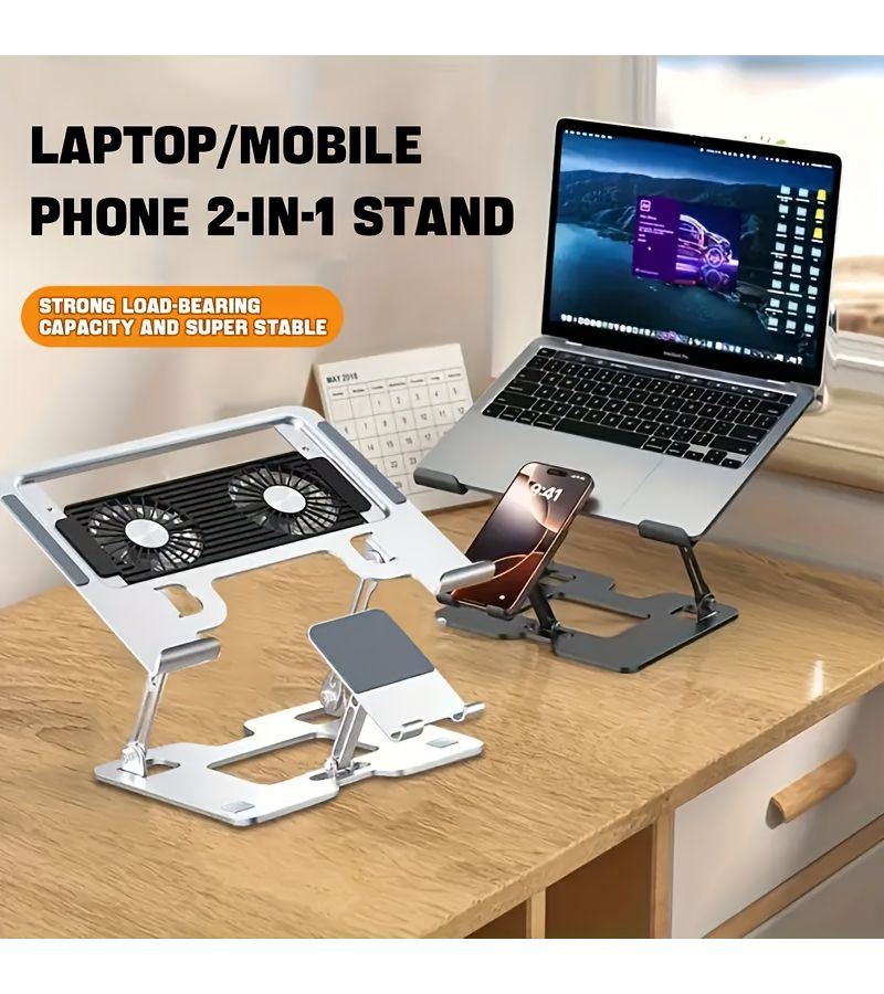 Black 2in1 Cooling Laptop Phone Stand Foldable Lift Desktop Riser - Image 4