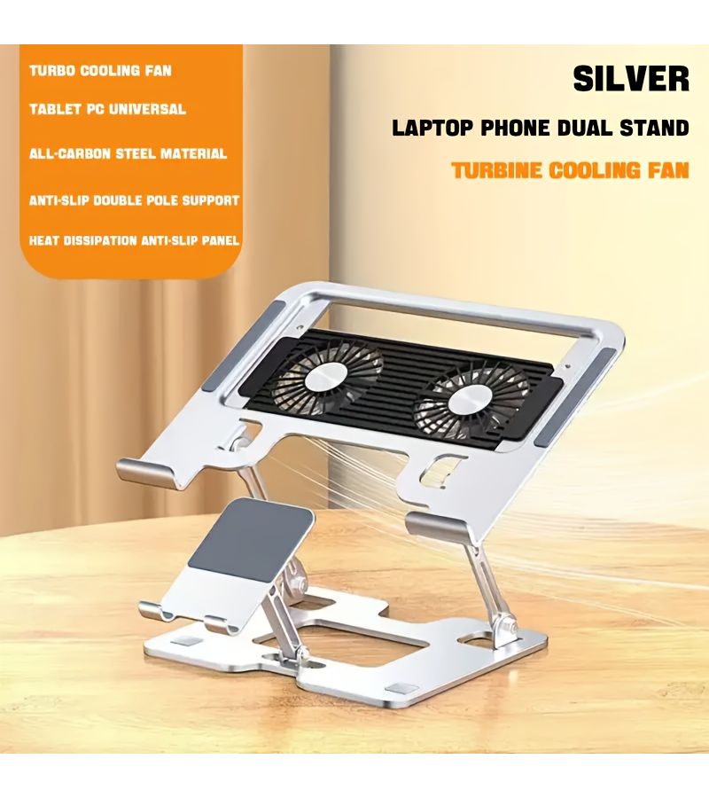 Black 2in1 Cooling Laptop Phone Stand Foldable Lift Desktop Riser - Image 3