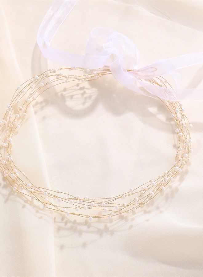 BABEYOND إكليل رأس العروس - رباط رأس زفاف براق مع لؤلؤ وزخارف دانتيل (خرز أبيض) - Image 5