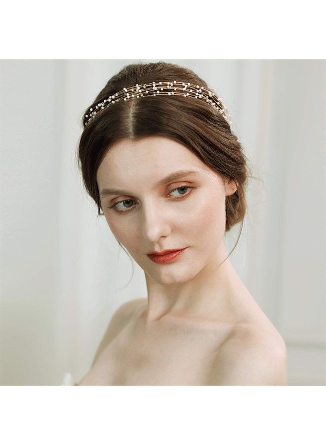 BABEYOND إكليل رأس العروس - رباط رأس زفاف براق مع لؤلؤ وزخارف دانتيل (خرز أبيض) - Image 3