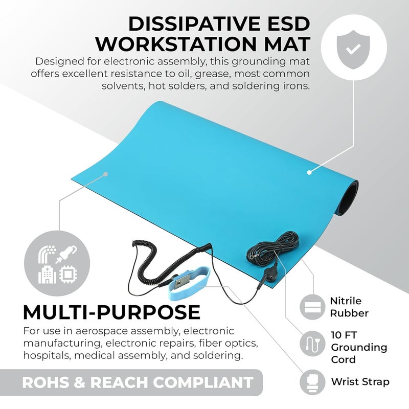 MWRF Source MWRF ESD Mat Kit with Wrist Strap and Grounding Cord (2 FT x 3 FT x 0.12 Inch, Blue) - Image 2