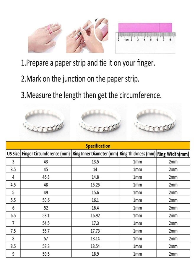 CANDYFANCY 2mm Thin Simple Cuban Chain Link Rings 925 Sterling Silver Filigree Cool Plain Minimalist Middle Finger Thumb Stacking Band Rings size 3 - Image 4