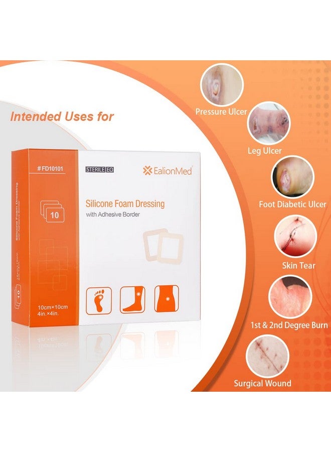 EalionMed EalionMed Silicone Foam Dressing with Gentle Adhesive Border 4''x4'', 10 Pack, Painless Removal High Absorbency Bed Sore Wound Bandage for Pressure Sore, Leg Ulcer, Diabetic Ulcer - Image 1