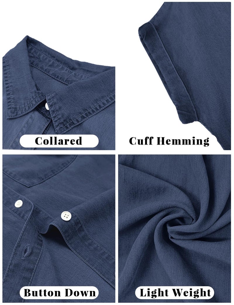 Zilcremo Women Denim Shirt Dresses Short Sleeve Distressed Jean Dress Button Down Casual Tunic Top Navy L - Image 5