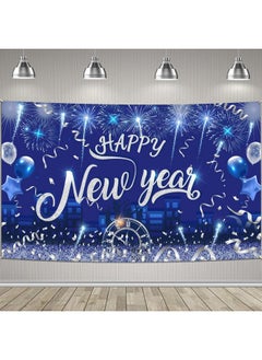 HOWAF Happy New Year Decoration Banner Glitter Silver Happy New Year Backdrop Banner For New Year Eve Party Photograph Supplies 2024 New Year Background Banner Large Fabric Happy New Year Party  - Image 1