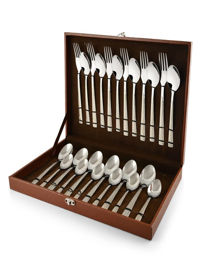 FNS Montavo by FNS Lush 24 Pc Premium Unique Laser Engraving Cutlery Set with Leatherette Box Packaging (6 Dinner Spoons, 6 Dinner Forks, 6 Tea Spoons & 6 Baby Spoons) - Image 1