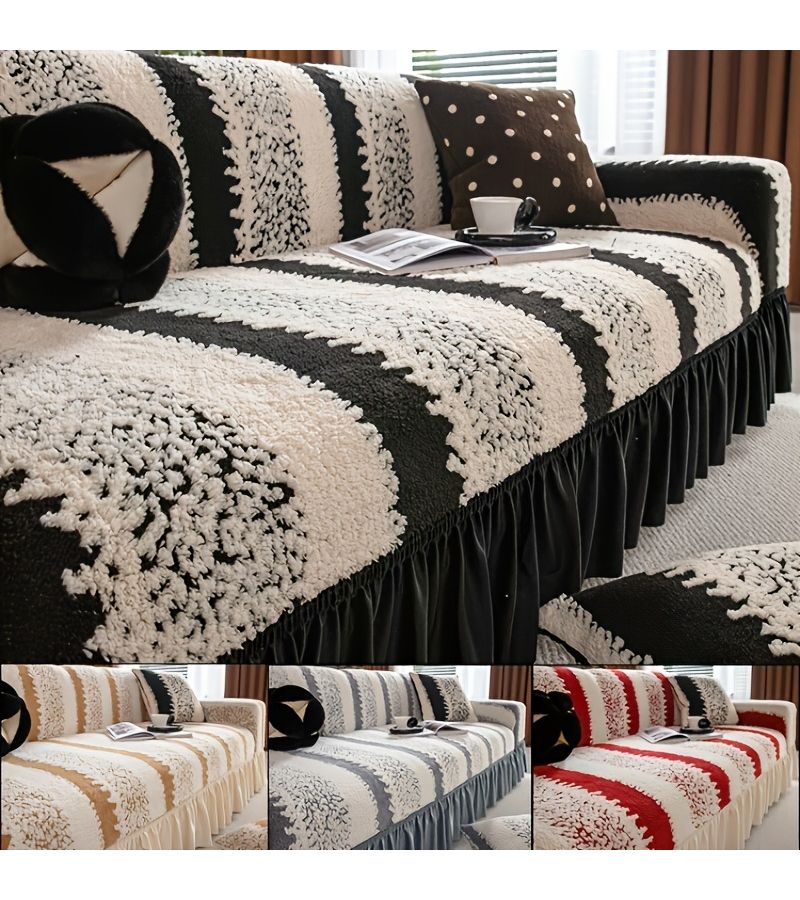 1pc Elegant Stylish Velveteen Sofa Cover with Red Lace Floral Hem Skirt Fits 3 Seats 75 to 90 Inches Couch Protector Slip Resistant Durable Pet Friendly Machine Washable - Image 1