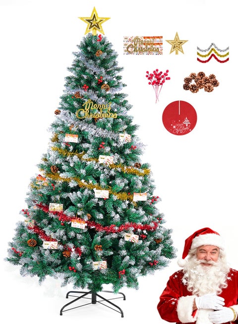 1.8M/6ft Artificial Christmas Tree with 1400 White Branches, 45CM Iron Stand, Pine Cones & Red Berries, Easy Assembly, Includes 9 Decorations for Home, Office, Party