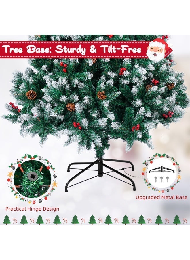 SINCHER 1.8M/6ft Artificial Christmas Tree with 1400 White Branches, 45CM Iron Stand, Pine Cones & Red Berries, Easy Assembly, Includes 9 Decorations for Home, Office, Party - Image 4