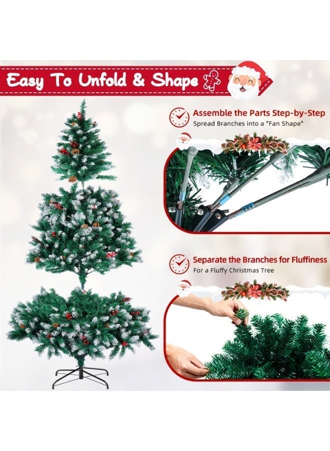 SINCHER 1.8M/6ft Artificial Christmas Tree with 1400 White Branches, 45CM Iron Stand, Pine Cones & Red Berries, Easy Assembly, Includes 9 Decorations for Home, Office, Party - Image 5