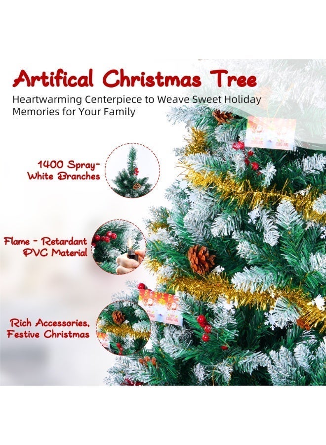 SINCHER 1.8M/6ft Artificial Christmas Tree with 1400 White Branches, 45CM Iron Stand, Pine Cones & Red Berries, Easy Assembly, Includes 9 Decorations for Home, Office, Party - Image 2