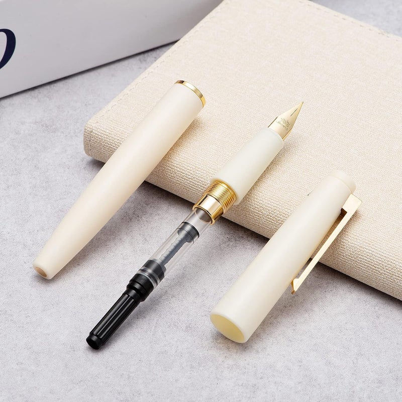 Wikult Jinhao 80 Ivory White Fiber Brushed Fountain Pen, Iridium Fine Gold Nib with Ink Converter, Classic Design Smooth Writing Pen (Gold Clip) - Image 3
